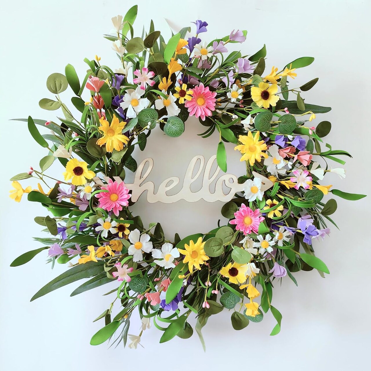 Summer Wreaths for Front Door, 22 Inch Eucalyptus Wreath with Hello Sign, Colorful Little Daisies and Winter Jasmine, Summer